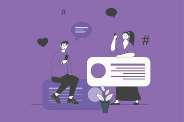 Aufkleber - Forum web concept with character scene in flat design. People texting online, leave messages in chat, have conversation in internet community. Vector illustration for social media marketing material.