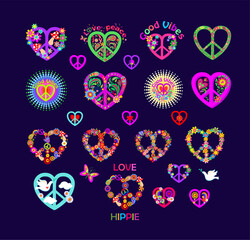 Canvas Print - Peace sign set or collection in heart shape. Hippie symbol for poster, shirt or bag print. Part 7 of hearts huge set