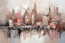 Abstract Acrylic Cityscape Painting, Light Brown, Magenta, Light Red, Blues Generative AI Technology