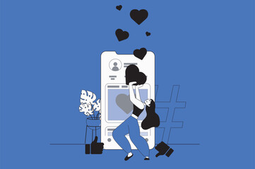 Leinwandbilder - Social media platform web concept with character scene in flat design. People likes post using mobile app, browsing and communicating online. Vector illustration for social media marketing material.