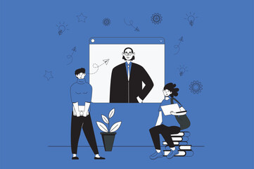 Poster - Video lesson web concept with character scene in flat design. People learning online and listening teacher at webinar at educational platform. Vector illustration for social media marketing material.