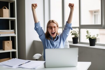 Happy excited young woman student or employee, office worker winner using laptop computer celebrating goal achievement online getting good news in email raising hands feeling euphoric. Generative AI