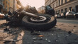 wheel of a motorbike after crash on the street, generative ai
