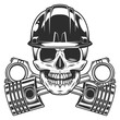 © 1ST CHIEF PRO - Skull biker in hard hat construction helmet and crossed engine pistons service rapair motorcycle, car and truck business in vintage monochrome isolated vector illustration