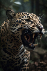 Wall Mural - Wild Jaguar panthera roaring aggressively. Jungle forest running generative ai