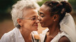 © Roman - Old women lesbian couple. marrage Black and Caucasian female bride in love. LGBT pride month celebration generative ai