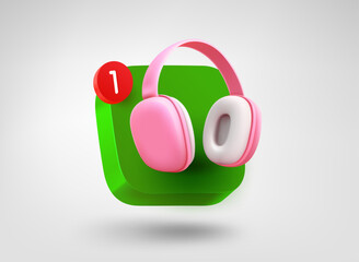 Fototapete - Audio app button with headphones. 3d vector mobile application icon