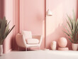 Interior of the room in plain monochrome light pink color with furnitures and room accessories. Light background with copy space. 3D rendering for web page, Generative AI
