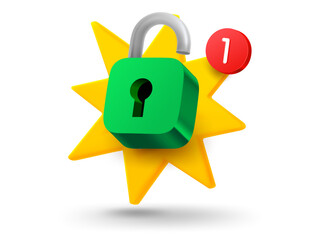 Fototapete - Opened padlock with explosion effect. 3d vector mobile application icon with notification