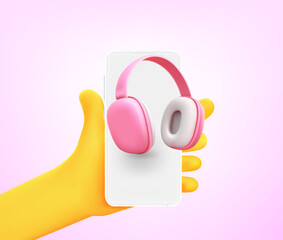 Leinwandbilder - Cute comic hand with headphones icon on smartphone. 3d vector illustration