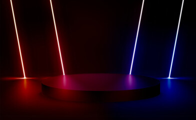 Aufkleber - illuminated interior with neon light and podium. 3d vector illustration
