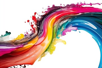 Wall Mural - Abstract acrylic paint colorful curved brush wave line on isolated white background. Vivid color liquid splashy wave with swirls