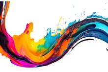 Abstract Acrylic Paint Colorful Curved Brush Wave Line On Isolated White Background. Vivid Color Liquid Splashy Wave With Swirls