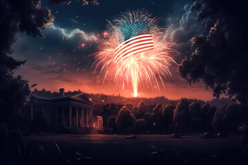 Illustration of flag usa on fireworks background in clouds for Independence Day. Symbol of America