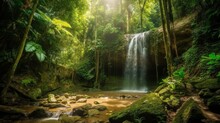 Waterfall In A Tropical Jungle. Generative AI