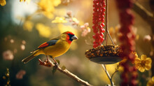 A Redrobin Eating Birdfood From The Yellow Bird Feeder Hanging In A Tree Branch With Rich Colored Flowers