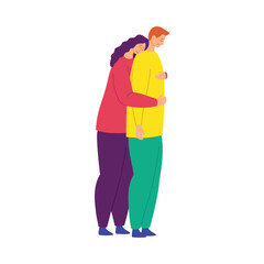 Poster - Cartoon Color Characters People Comforting Each Other Concept Flat Design Style. Vector illustration of Girl Hugs A Guy