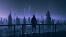 A Person Standing On A Rooftop, Looking At A Foggy And Futuristic Cityscape With Neon Lights At Night, Epic Wallpaper.  (Generative AI)
