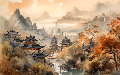 Chinese landscape with misty forest, distant mountains and fog. Traditional oriental watercolor painting.Generative ai.
