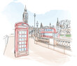London street with view of Big Ben, Houses of Parliament, red telephone box and red double decker bus in London on a beautiful summer day, England, UK. Vector illustration