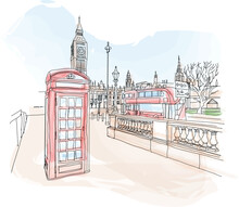 London Street With View Of Big Ben, Houses Of Parliament, Red Telephone Box And Red Double Decker Bus In London On A Beautiful Summer Day, England, UK. Vector Illustration