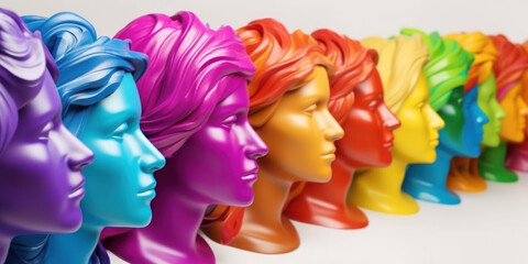 Multicolored heads faces to the side of group of people in different headdresses and scarfs. AI generative illustration.