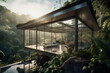 A living room with glass walls and a view of the jungle. AI generative.