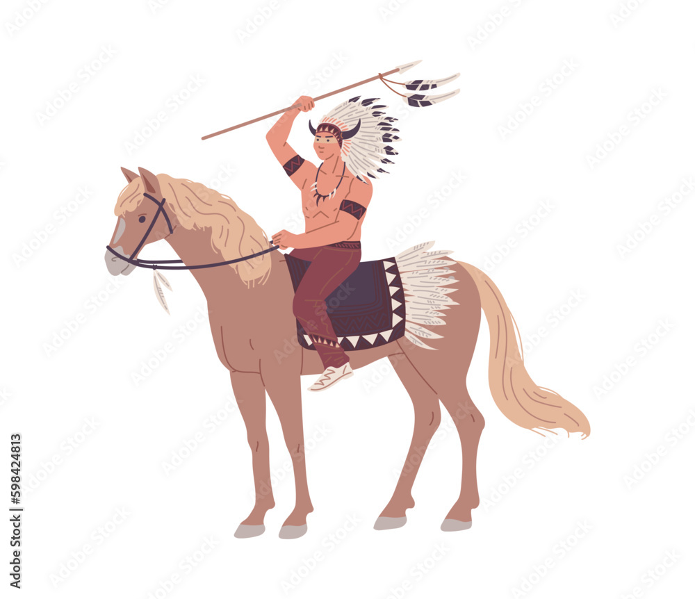 Indigenous American warrior on horseback with spear weapon - flat ...