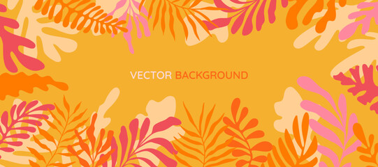  Vector  horizontal abstract background with copy space for text - summer horizontal banner - bright vibrant banner, poster, cover design template, with yellow and orange leaves and palm leaves