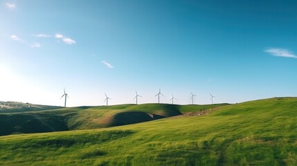 Wall Mural - Power generating windmills on green hills. Renewable energy concept. Generative AI