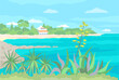 Summer seascape. Blooming agave and yucca grow in the foreground. There is a beach and a cottage on the seashore in the background. Vector color illustration 