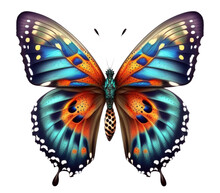 Turquoise Blue, Orange And Black Butterfly As A Transparent And Isolated Graphic Resource, High Detail