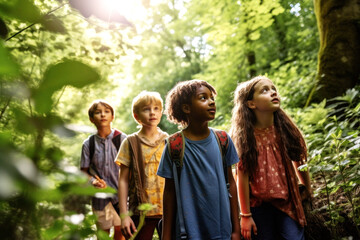 Wall Mural - United as one, a group of diverse children explore the sunlit forest, grinning widely. In a moment of pure joy and innocence, friendship transcends race. Generative AI