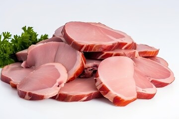 Poster - stack of sliced ham on a white table. Generative AI