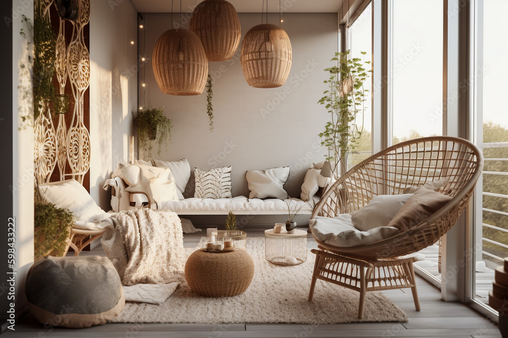 Cute modern balcony, boho design interior style. Beige light colors ...