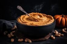 Bowl Filled With Creamy Peanut Butter And A Silver Spoon Resting On The Side Of The Bowl. Generative AI