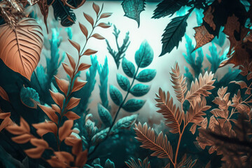 Wall Mural - green with gold background. texture from the leaves of tropical trees. forest and nature. ai generative