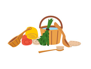 Sauna equipment - whisk, wooden bucket, dry brush and towel, flat vector illustration isolated on white background.