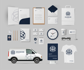 Corporate design megapack with folder, A4 form, business cards, envlope, paper bag, clock, flag, notepad, street light box and minivan. Minimal lineart style blue logo and dark background.