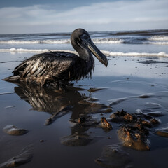 an oil spill affecting marine life, a pelican covered in oil
