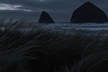 Wall Mural - the moon setting over a tranquil ocean with tall grass in the foreground. Generative AI
