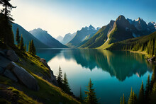 A Serene Lake Reflecting The Surrounding Mountains In The Early Morning Light