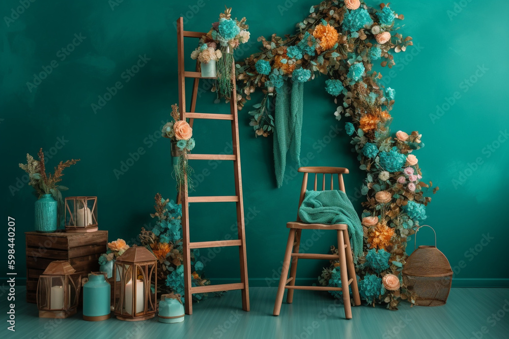 The Ladder Teal Floral Room Digital Backdrops, Maternity Backdrop ...