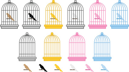 Wall Mural - Birdcage & Bird Clipart Set	- Silver, Gold, Pink and Blue Colors