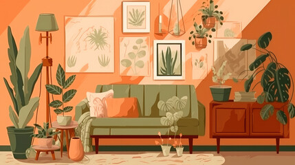 Wall Mural - Bright illustration with a sofa, houseplants in pots and picture frames. Generative AI