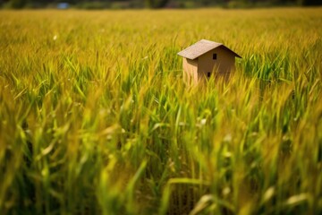 Canvas Print - Cozy Cottage Amidst a Field of Lush Grass. Generative AI