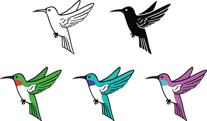 Hummingbird Clipart Set - Outline, Silhouette & Color	
