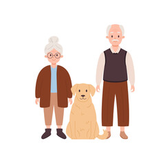 Canvas Print - Happy elderly couple with cute dog, flat vector illustration isolated on white background.