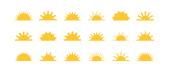 Sun half vector icon, sunrise sign, morning light, yellow burst, summer symbol isolated on white background. Cartoon solar ray illustration