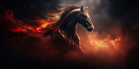 Stylized portrait of horse in the smoke and fire. Generative AI 